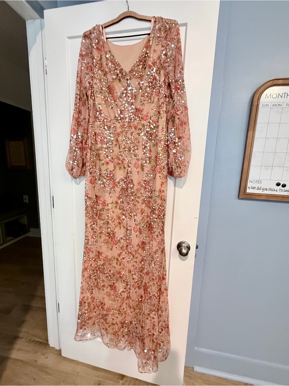 Mac Duggal Sequined Floral Long Sleeve Evening Gown - Peach Size 14